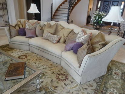 MARGE CARSON 3 PC SECTIONAL SOFA, CURVED BASE, PALE: MARGE CARSON 3 PC SECTIONAL SOFA, CURVED BASE, PALE BEIGE UPHOLSTERY WITH MULTIPLE ACCENT PILLOWS, EXCELLENT SHOWROOM LIKE CONDITION, #1 OF TWO IDENTICAL SOFAS AVAILABLE THIS AUCTION (EACH SOFA SOLD S