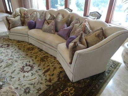 MARGE CARSON 3 PC SECTIONAL SOFA, CURVED BASE, PALE: MARGE CARSON 3 PC SECTIONAL SOFA, CURVED BASE, PALE BEIGE UPHOLSTERY WITH MULTIPLE ACCENT PILLOWS, EXCELLENT SHOWROOM LIKE CONDITION, #2 OF TWO IDENTICAL SOFAS AVAILABLE THIS AUCTION (EACH SOFA SOLD S