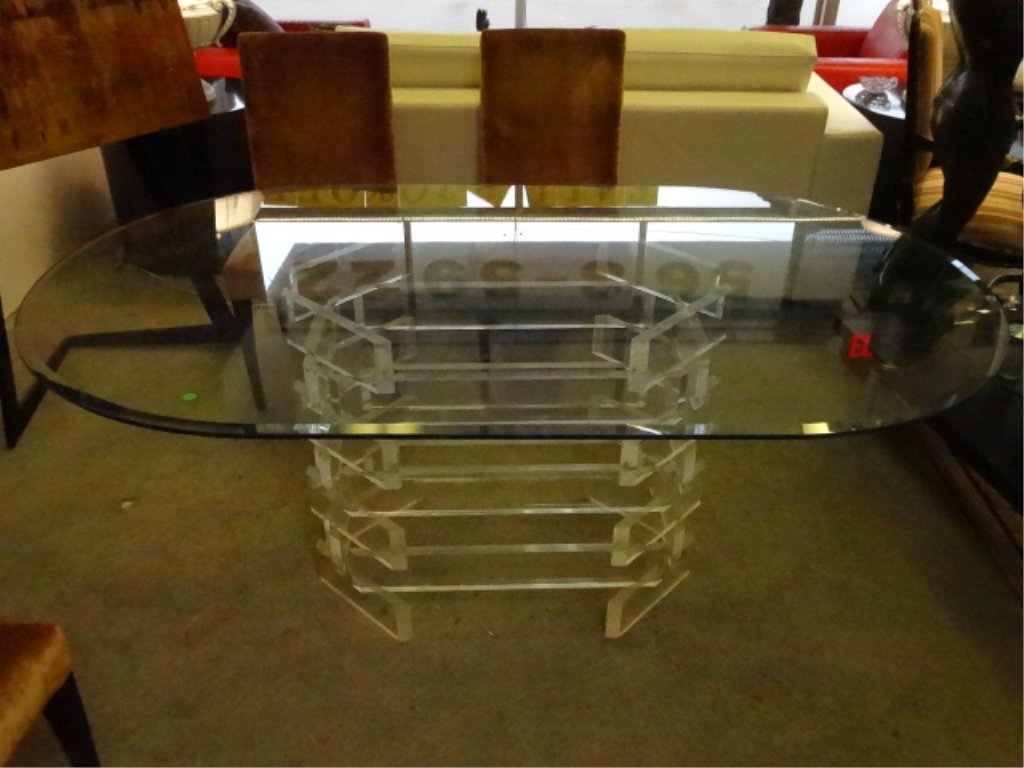 SCULPTURAL DINING TABLE STACKED LUCITE BLOCK BASE, (1 of 8)