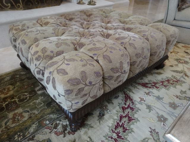 LARGE TOMLINSON UPHOLSTERED TUFTED OTTOMAN, CARVED WOOD (1 of 5)