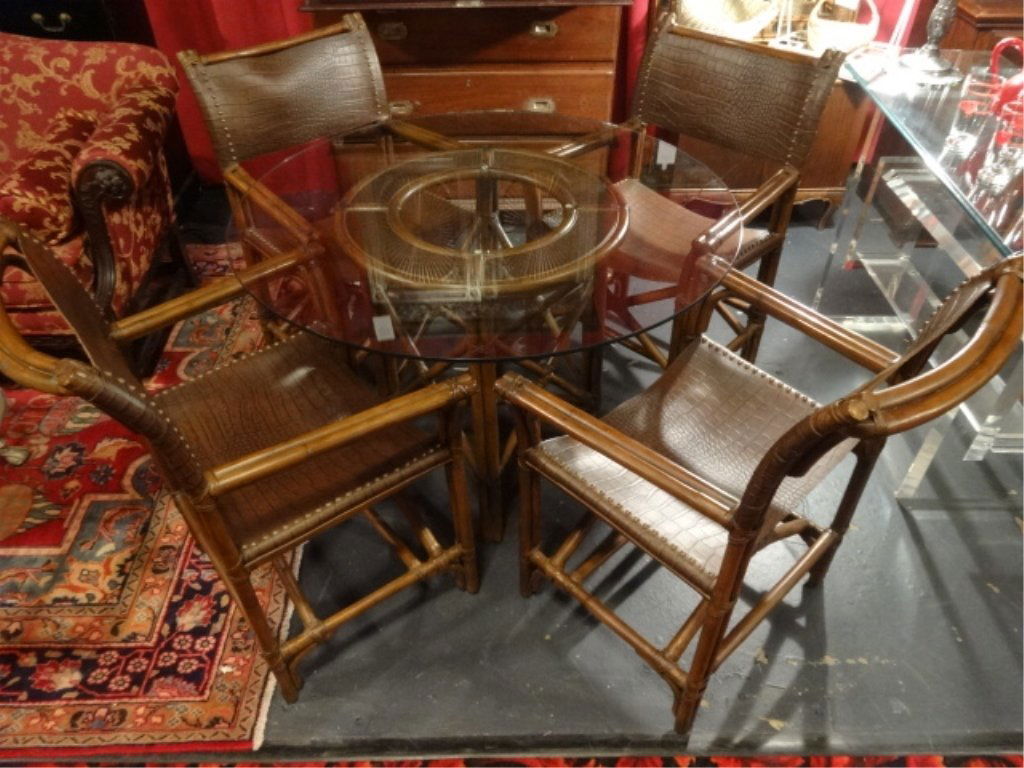 WOOD AND RATTAN DINING TABLE WITH 4 LEATHER CHAIRS, (1 of 10)