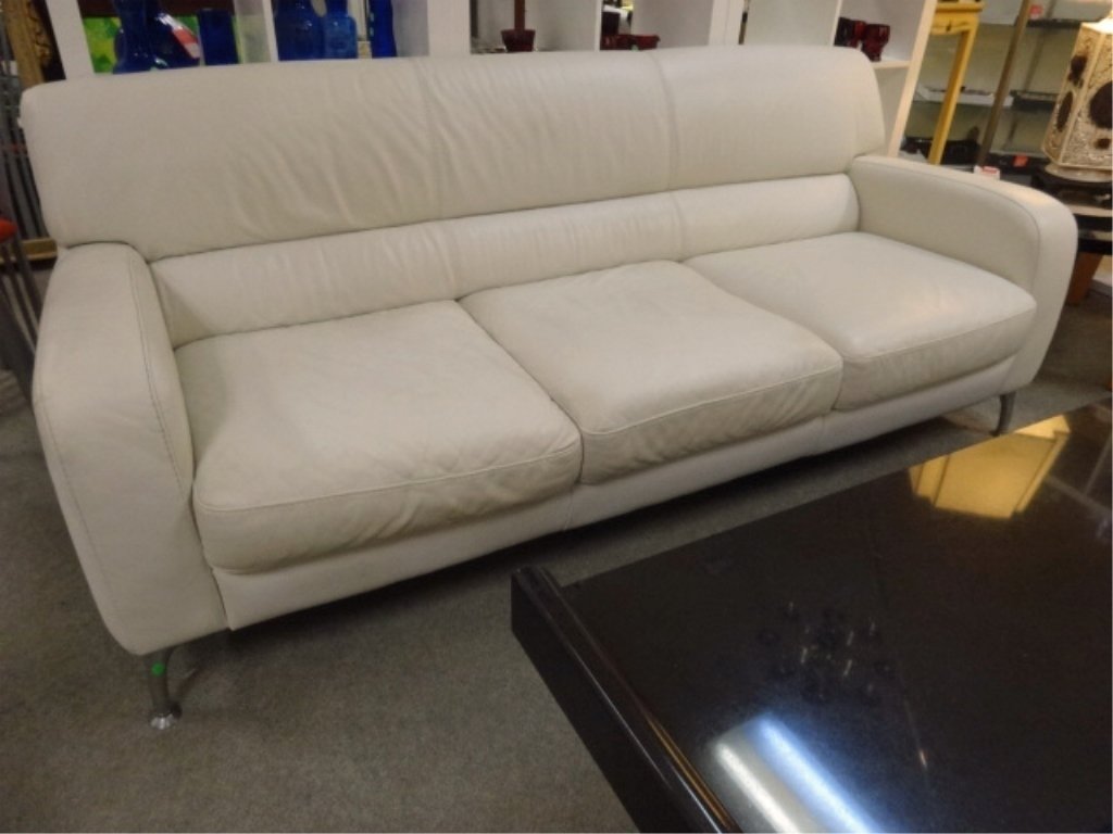 MODERN WHITE LEATHER SOFA, CHROME LEGS, TIGHT BACK AND (1 of 8)