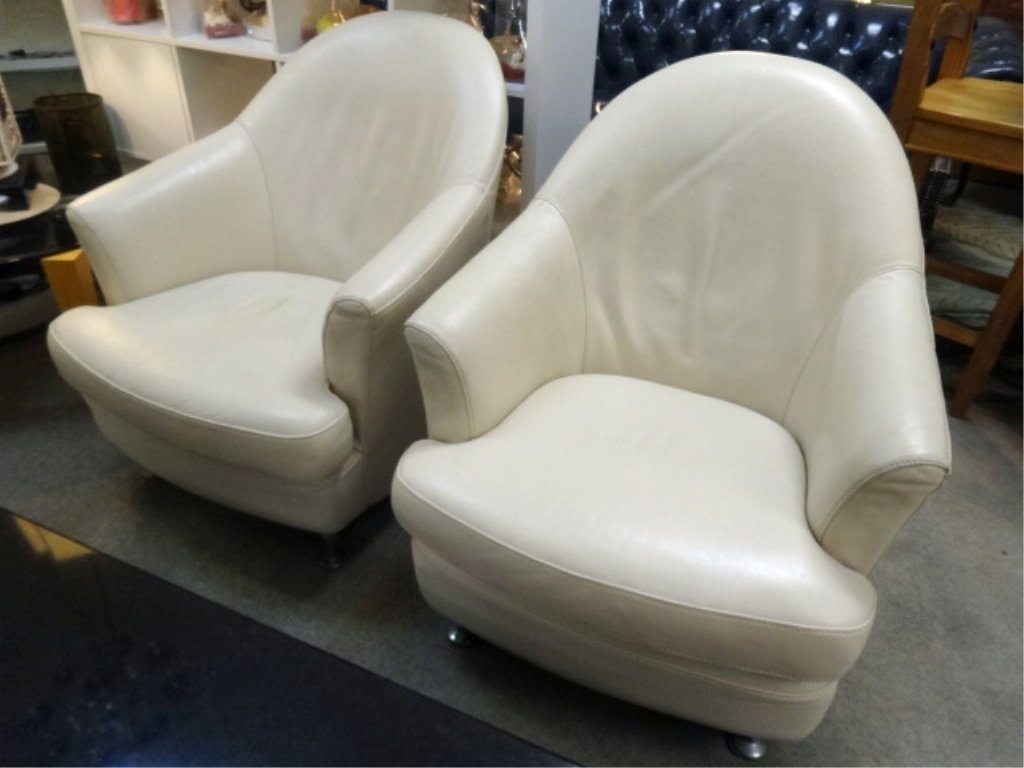 PAIR CONTEMPORARY IVORY LEATHER CLUB CHAIRS, OFF-WHITE (1 of 7)