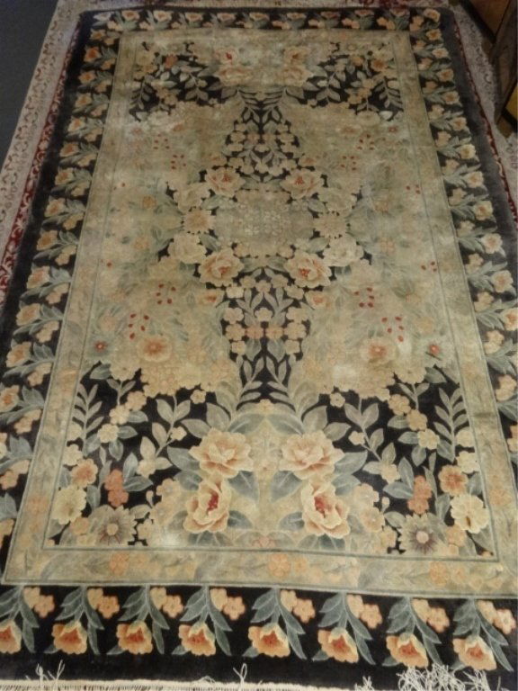 LARGE CHINESE SILK RUG, BEIGE AND CHARCOAL WITH (1 of 9)