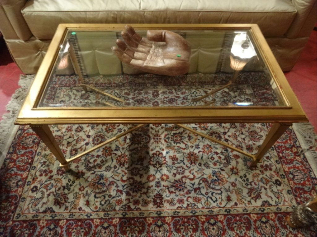 NEOCLASSICAL GILT WOOD COFFEE TABLE, GLASS INSET TOP, (1 of 8)