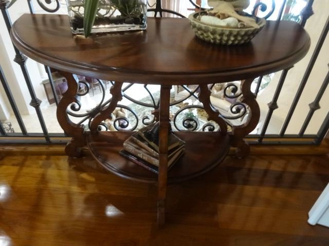CARVED WOOD DEMI LUNE CONSOLE TABLE WITH UNDERTIER, #2 (1 of 3)