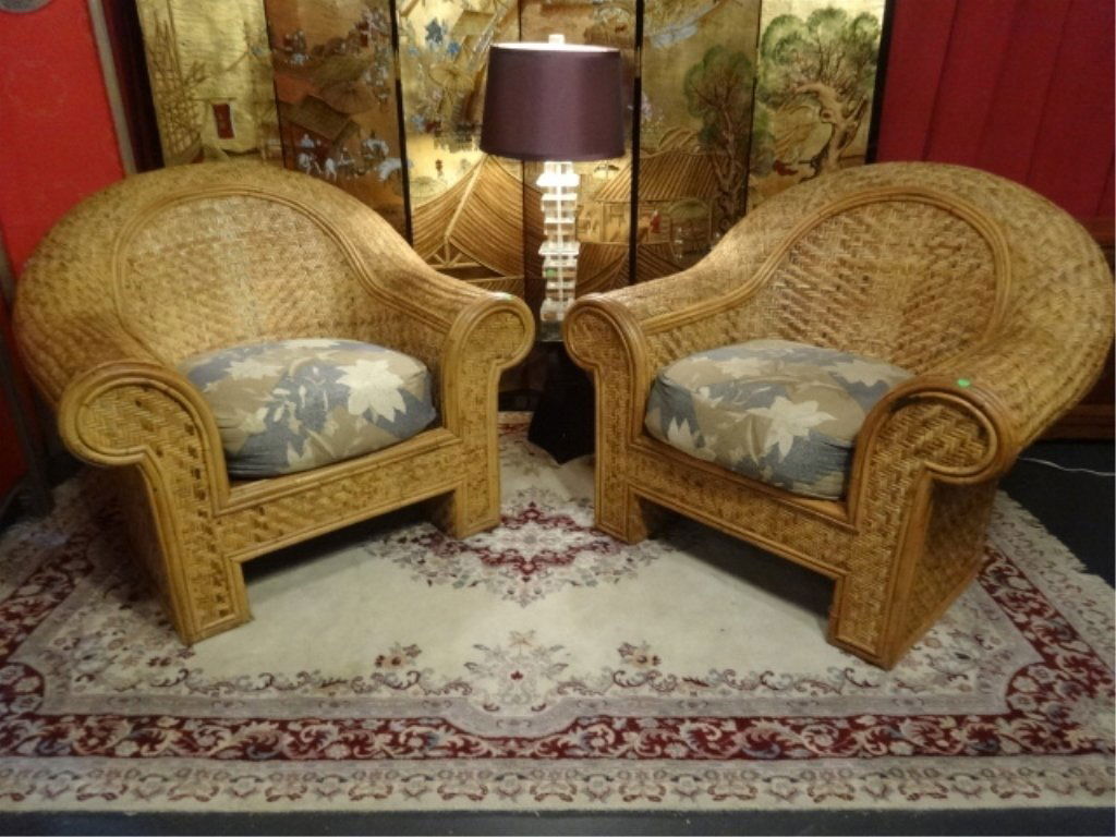 PAIR LARGE RATTAN AND WOOD ARMCHAIRS, CURVED BACKS AND (1 of 10)