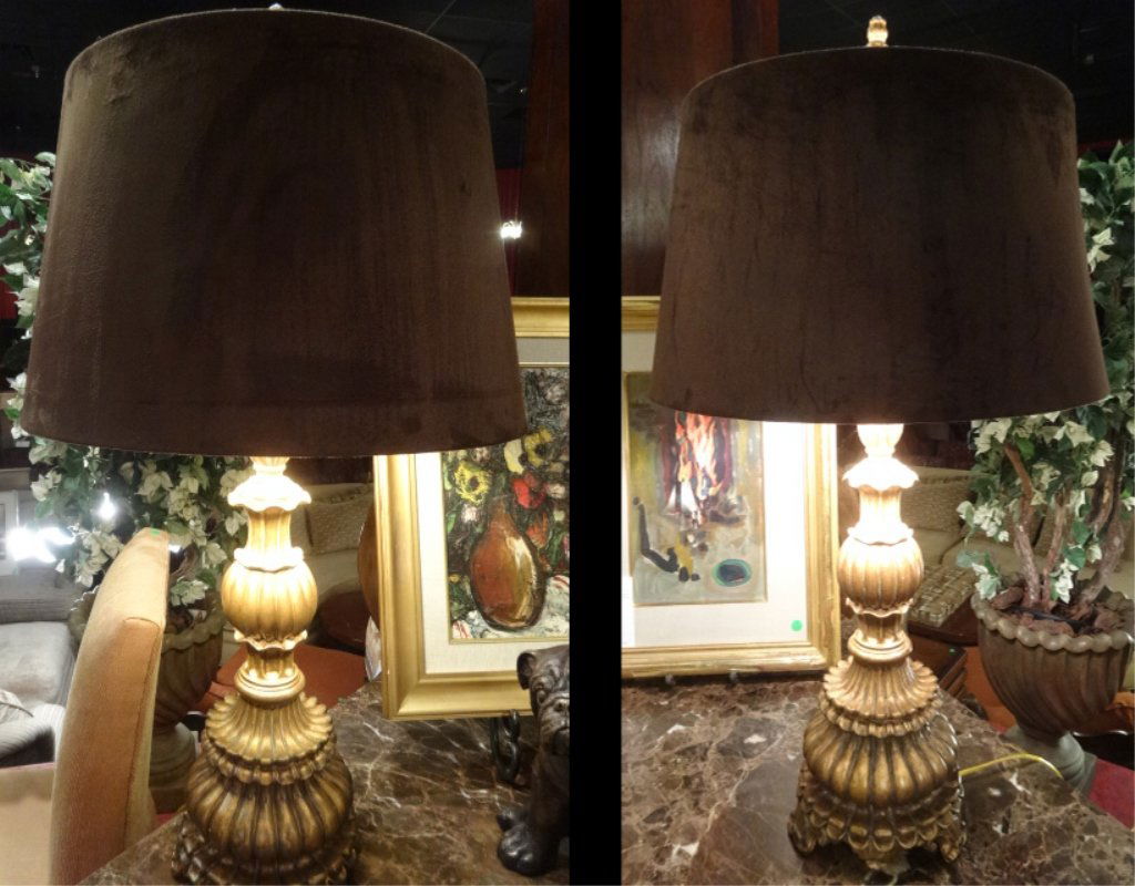 PAIR GOLD FINISH TABLE LAMPS, MILK CHOCOLATE BROWN SUED (1 of 5)