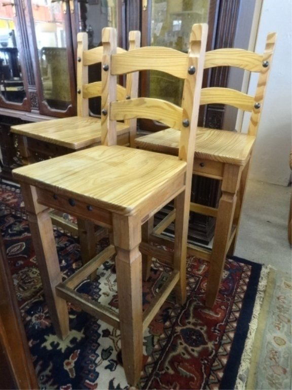3 RUSTIC PINE BARSTOOLS WITH LARGE NAILHEAD TRIM, (1 of 5)
