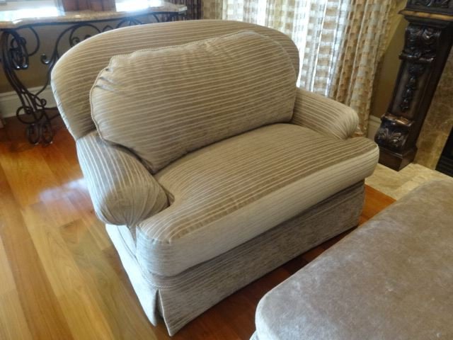 VELVET SWIVEL LOVESEAT, STRIPED VELVET UPHOLSTERY, SKIR: VELVET SWIVEL LOVESEAT, STRIPED VELVET UPHOLSTERY, SKIRTED BASE, EXCELLENT CONDITION, #1 OF TWO AVAILABLE