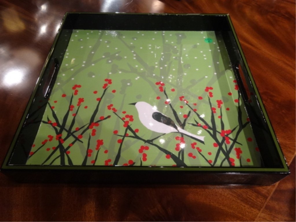 PAINTED WOOD SERVING TRAY WITH BIRD IN SNOWFALL, GLOSS (1 of 5)