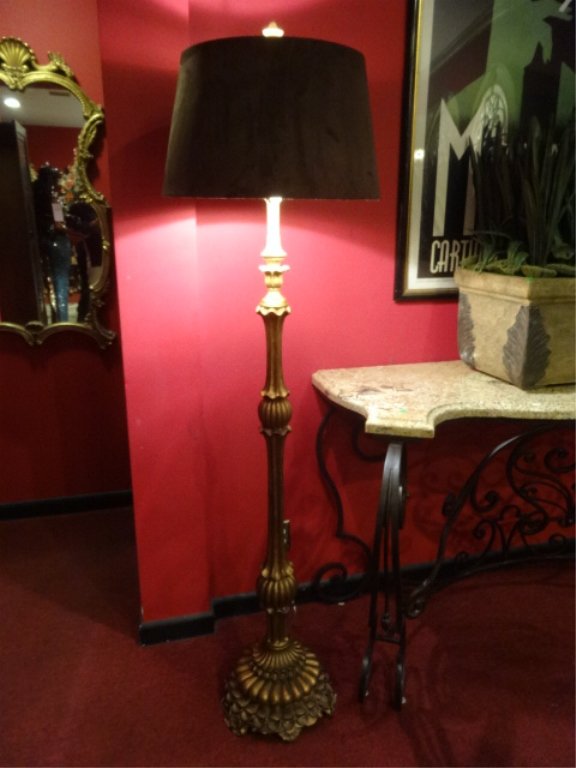 ORNATE GOLD FINISH FLOOR LAMP, MILK CHOCOLATE SHADE, (1 of 6)