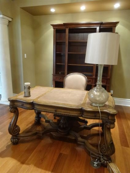 FRENCH STYLE LEATHER PARTNER DESK AND LEATHER CHAIR.: FRENCH STYLE LEATHER PARTNER DESK AND LEATHER CHAIR. TAUPE COLOR LEATHER, MEDIUM FINISH WOOD FRAME, EXCELLENT CONDITION, DESK APPROX 60"W