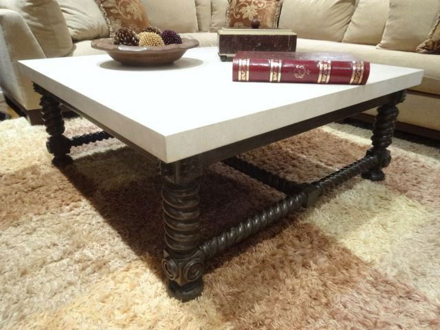 STONE AND WOOD COFFEE TABLE, WHITE STONE TOP, TURNED (1 of 5)