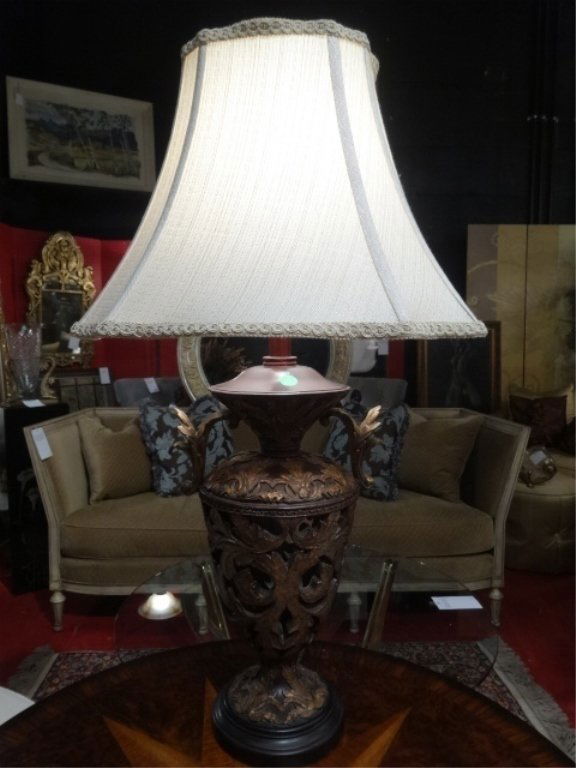 LARGE ORNATE TABLE LAMP, URN STYLE BASE WITH SCROLLING (1 of 6)