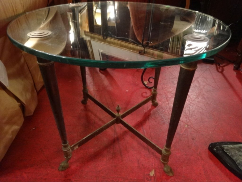 LA BARGE STYLE PATINATED BRASS AND GLASS TABLE, HOOF (1 of 6)