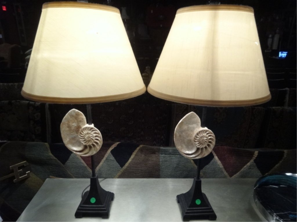 PAIR SHELL DESIGN TABLE LAMPS, METAL BASES, APPROX (1 of 4)