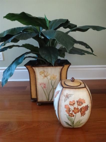 2 PC PLANTER AND URN WITH FAUX FOLIAGE ARRANGMENT, (1 of 5)
