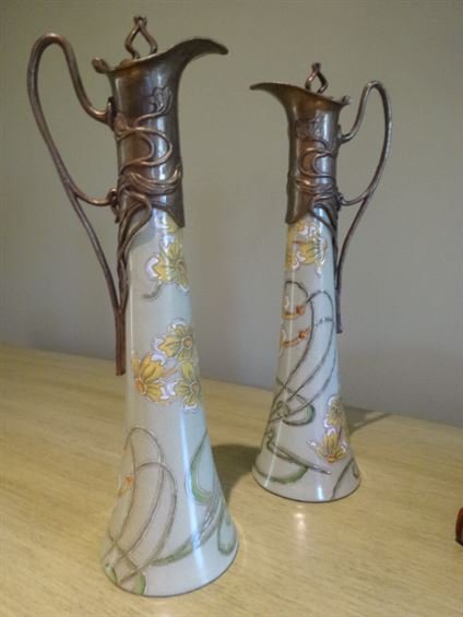PAIR ART NOUVEAU STYLE CERAMIC AND METAL EWERS, METAL (1 of 4)