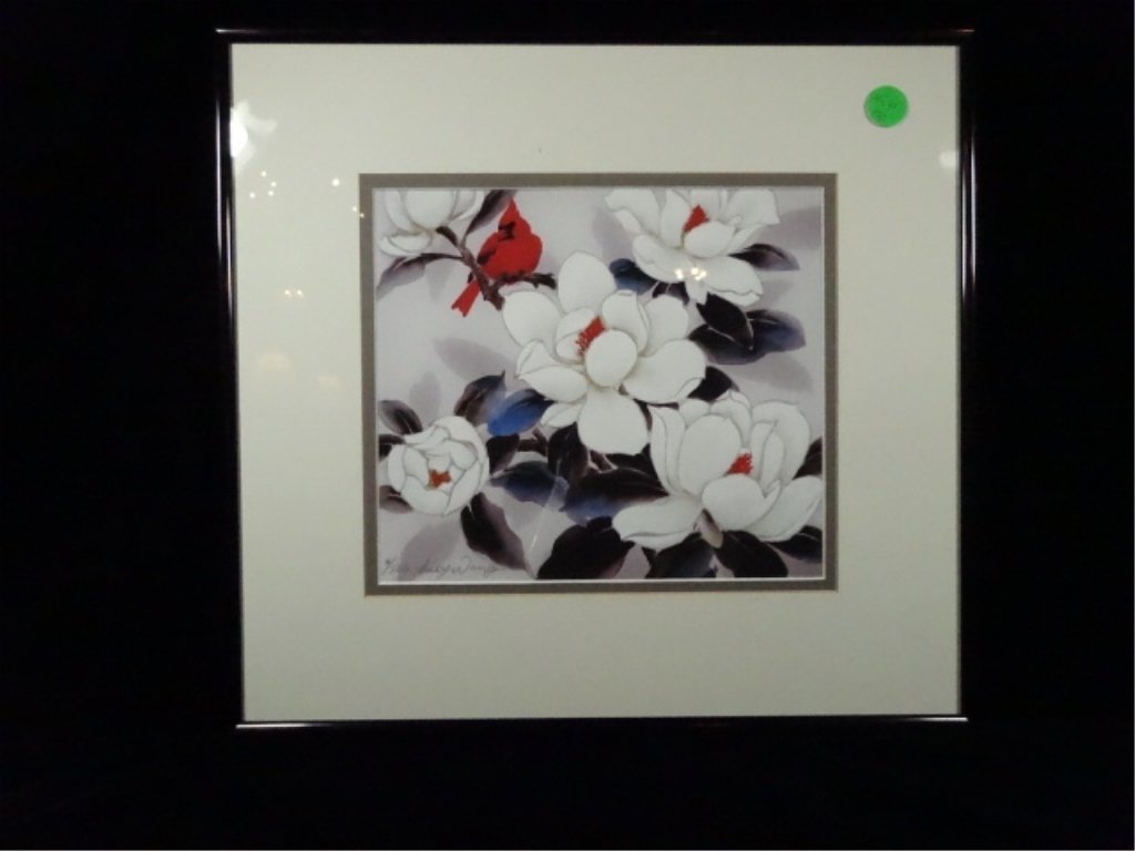 LUCY WANG LIMITED EDITION ULTRA-GICLEE FINE ART PRINT,: LUCY WANG LIMITED EDITION ULTRA-GICLEE FINE ART PRINT, MAGNOLIA & CARDINAL, PRINT # 2 FROM AN EDITION OF 500, WITH CERTIFICATE OF AUTHENTICITY, IMAGE SIZE 7" X 8", FRAMED SIZE 13" X 14", SKU456.31
