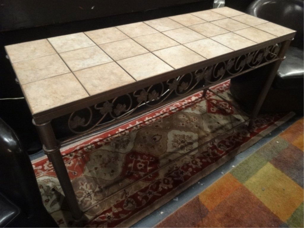 CERAMIC TILE TOP METAL CONSOLE TABLE, SCROLLING VINE (1 of 5)