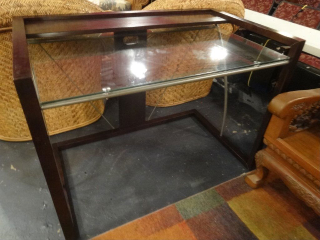 CONTEMPORARY DESK, WOOD AND GLASS WITH METAL ACCENTS, (1 of 6)
