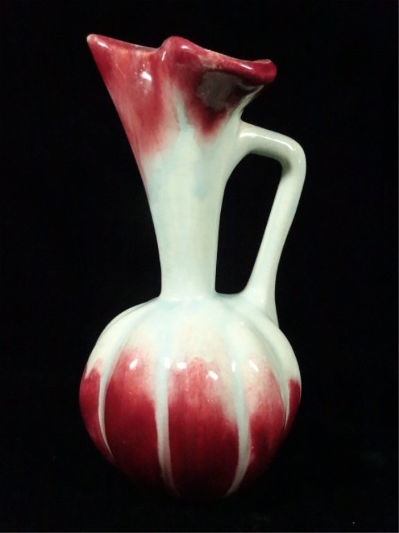 ART POTTERY PITCHER, PALE BLUE & DEEP ROSE, SIGNED ON (1 of 5)