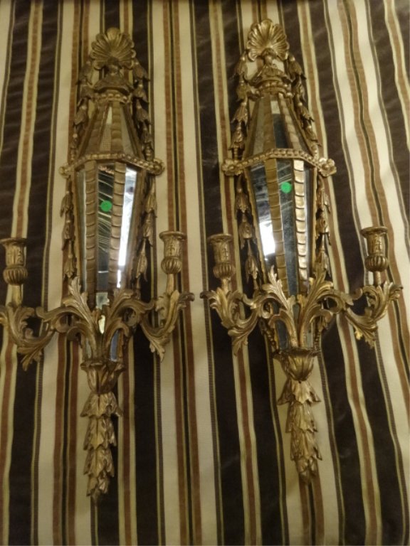 PAIR ANTIQUE GILT WOOD WALL SCONCES WITH MIRRORS, 2 (1 of 8)