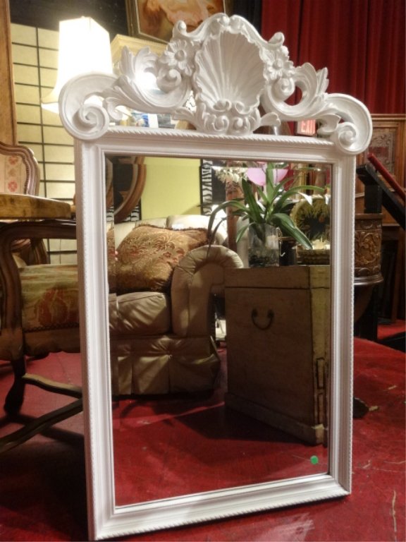 LOUIS XV STYLE CARVED WOOD MIRROR, WHITE FINISH FRAME, (1 of 4)