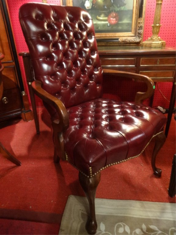 BURGUNDY LEATHER DESK CHAIR, TUFTED SEAT AND BACK WITH (1 of 4)