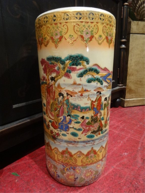 CHINESE PORCELAIN UMBRELLA STAND, WHITE WITH PAINTED: CHINESE PORCELAIN UMBRELLA STAND, WHITE WITH PAINTED FIGURAL DESIGNS AND FLORALS, APPROX 22"H, SKU504
