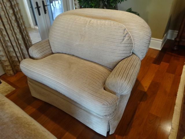 VELVET SWIVEL LOVESEAT, STRIPED VELVET UPHOLSTERY, SKIR: VELVET SWIVEL LOVESEAT, STRIPED VELVET UPHOLSTERY, SKIRTED BASE, EXCELLENT CONDITION, #2 OF TWO AVAILABLE