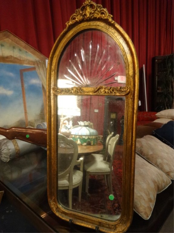 SMALL GOLD GILT WOOD MIRROR ETCHED SUNBURST DESIGN, (1 of 4)
