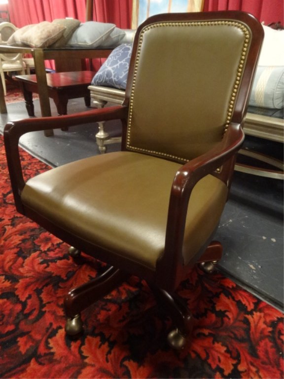 HANCOCK AND MOORE LEATHER DESK CHAIR WITH NAILHEAD: HANCOCK AND MOORE LEATHER DESK CHAIR WITH NAILHEAD TRIM, ON CASTERS, LABELED, EXCELLENT GENTLY USED CONDITION