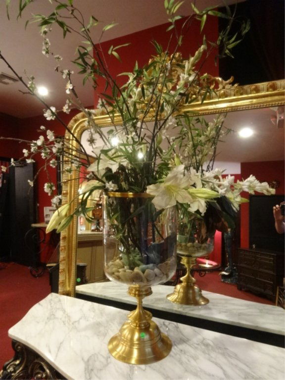 LARGE SILK FLORAL ARRANGEMENT, GLASS AND BRASS VASE, (1 of 6)