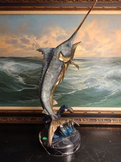 PATINATED BRONZE SCULPTURE, LEAPING MARLIN, ON MARBLE (1 of 8)