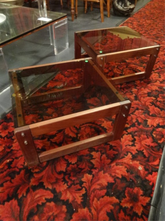 PAIR 1970s WOOD END TABLES, SMOKED GLASS TOPS, EACH (1 of 3)