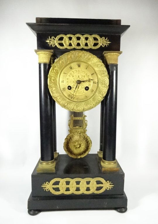 ANTIQUE FRENCH EMPIRE STYLE PORTICO CLOCK, EBONIZED (1 of 10)