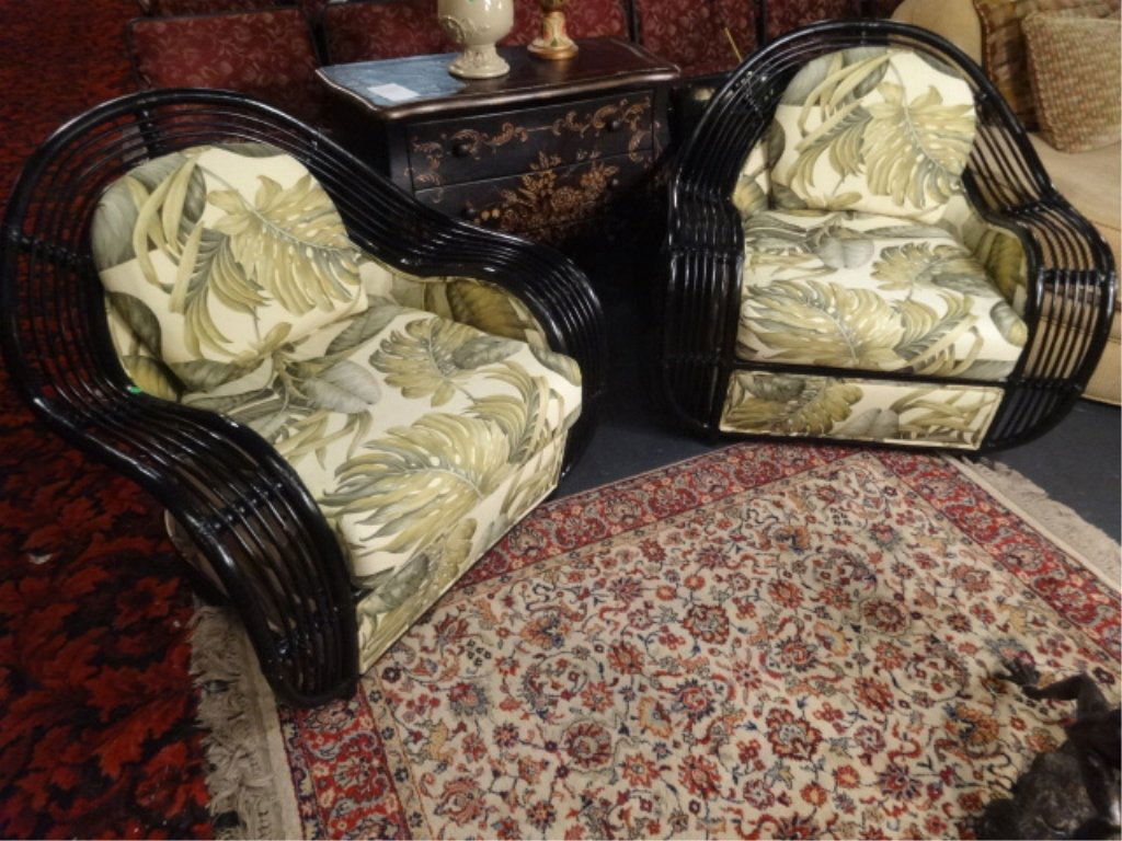 PAIR MCGUIRE RATTAN ARMCHAIRS, BLACK FINISH, NEWLY (1 of 8)