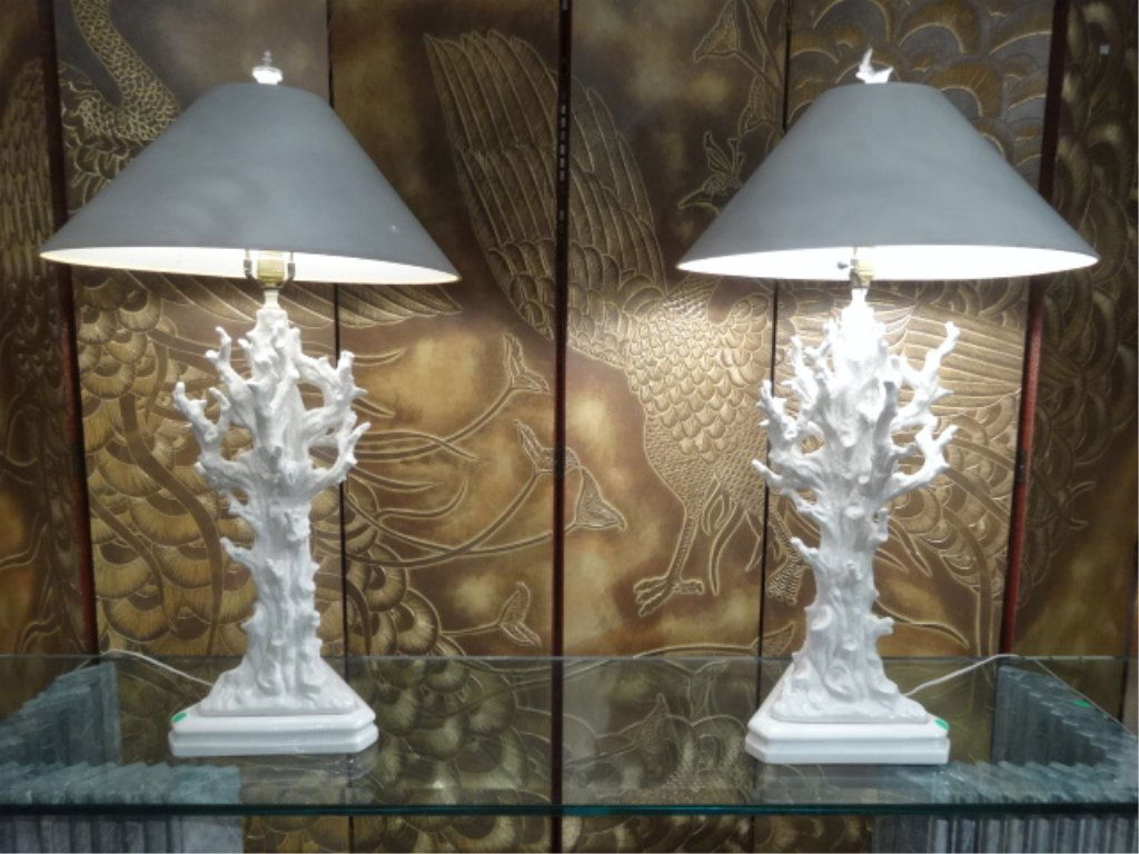 PAIR 1970's WHITE CERAMIC CORAL FORM LAMPS, CONICAL (1 of 8)