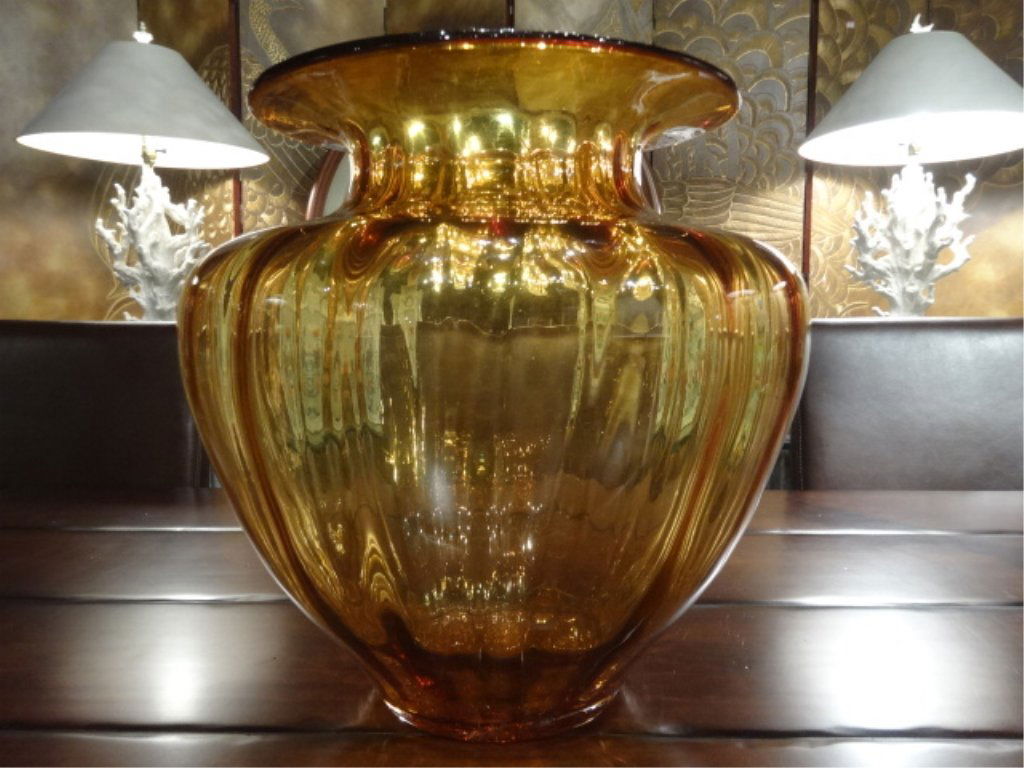 LARGE AMBER GLASS VASE, FLUTED SIDES, APPROX 15.5"H, (1 of 3)