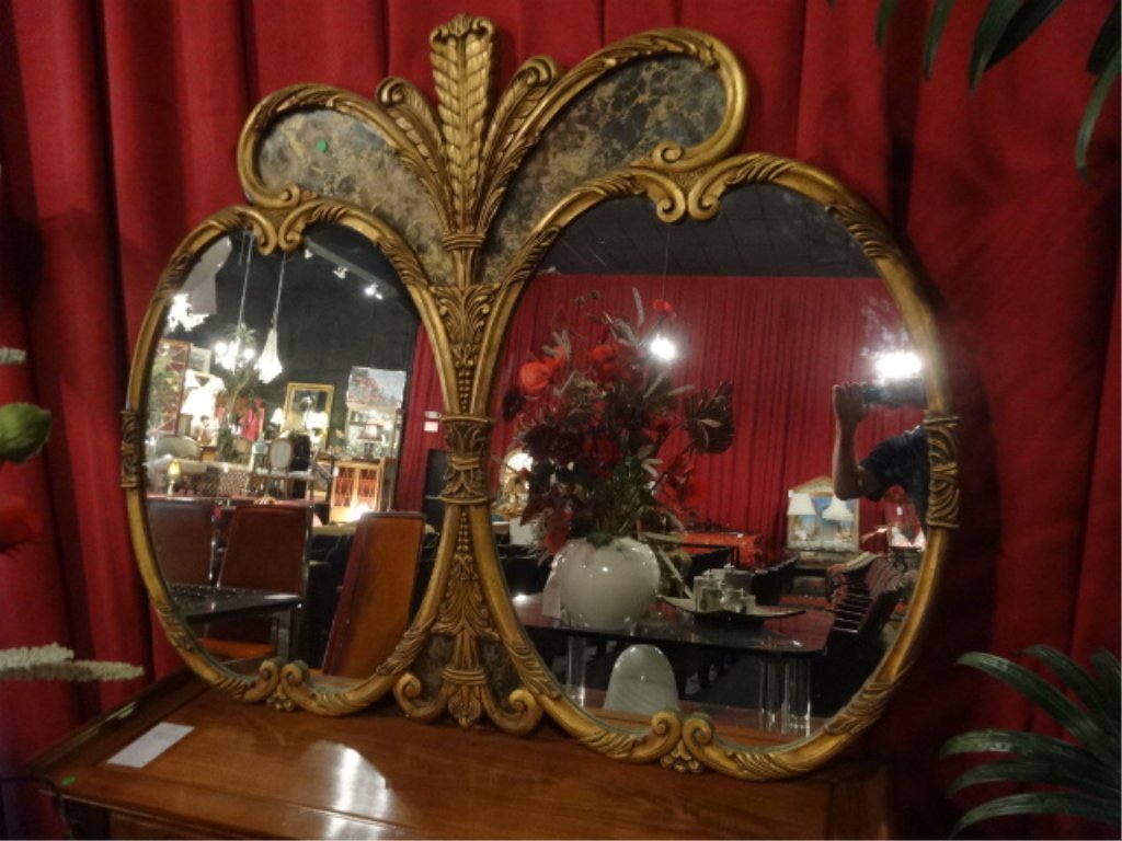 LARGE MID CENTURY GILT WOOD MIRROR WITH OSTRICH PLUME (1 of 4)