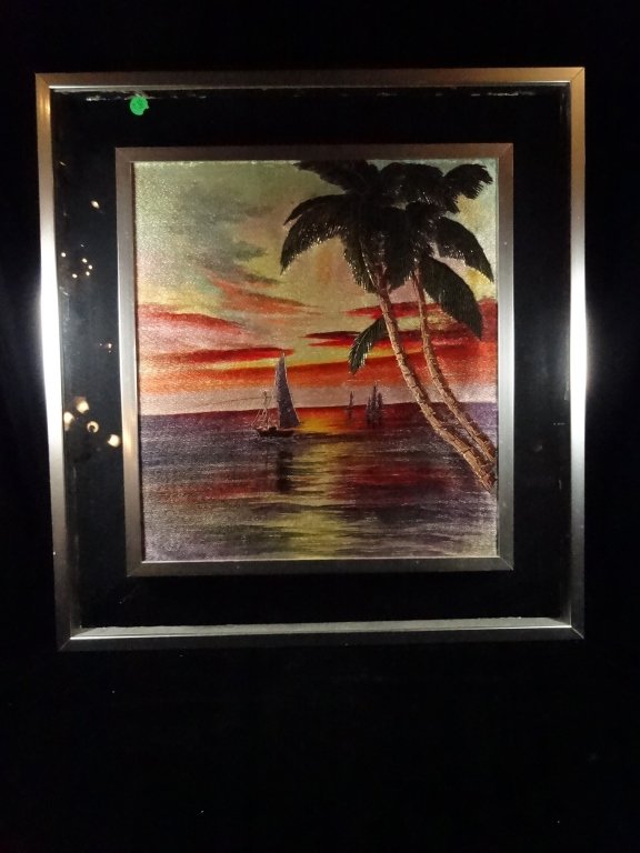 FRAMED NEEDLEWORK, TROPICAL SUNSET SCENE, SIGHT APPROX (1 of 5)
