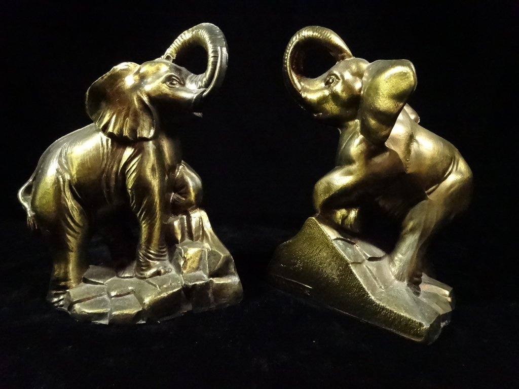 PAIR BRASS ELEPHANTS, TRUNKS UP, MARKED 1975, APPROX 7" (1 of 7)