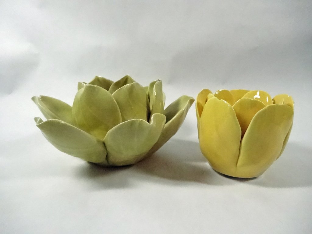 2 PC POTTERY CANDLE HOLDERS, FLOWER FORMS, SOME TINY (1 of 4)