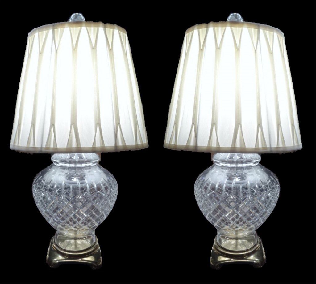 PAIR CRYSTAL TABLE LAMPS, URN STYLE WITH BRASS BASES, (1 of 10)