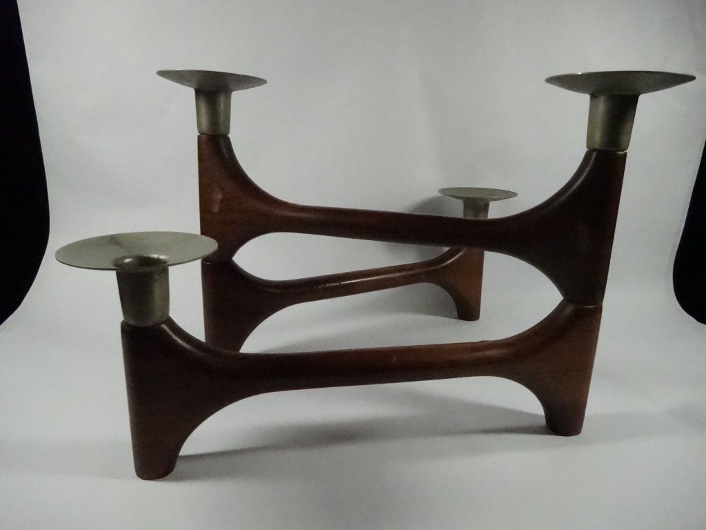 MID CENTURY 4 LIGHT TEAK CANDLE HOLDER, APPROX 8"H (1 of 6)