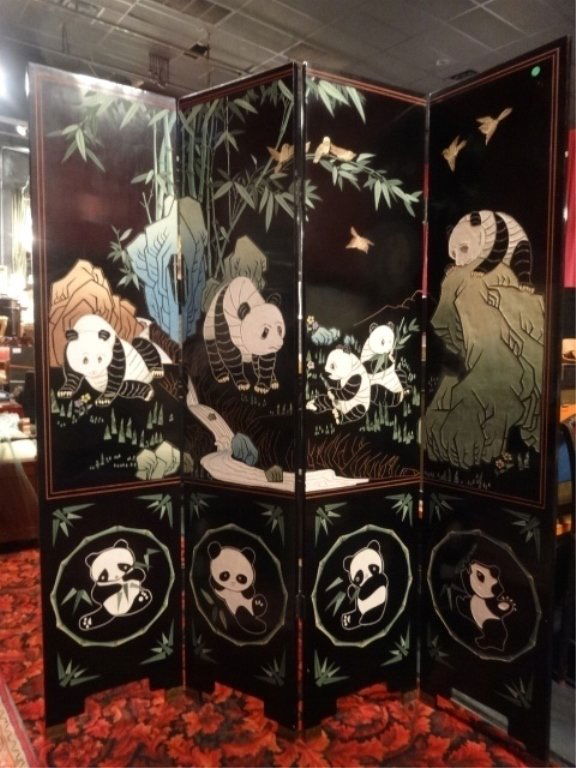 4 PANEL CHINESE PANDA FLOOR SCREEN, CARVED AND PAINTED (1 of 7)