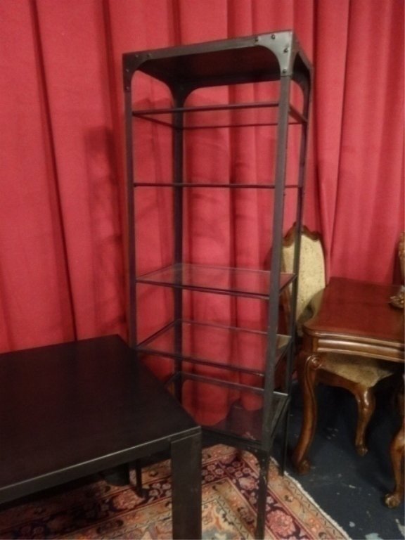 INDUSTRIAL STEEL ETAGERE, GLASS SHELVES, IN THE STYLE (1 of 3)