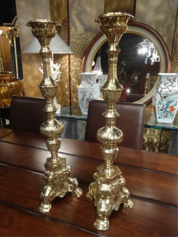 PAIR LARGE ORNATE BRASS CANDLESTICKS, APPROX 24"H, (1 of 6)